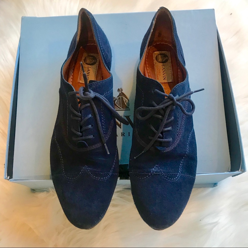 Lanvin Suede Wing-tip Navy Blue Oxford Brogues - Picture 2 of 6